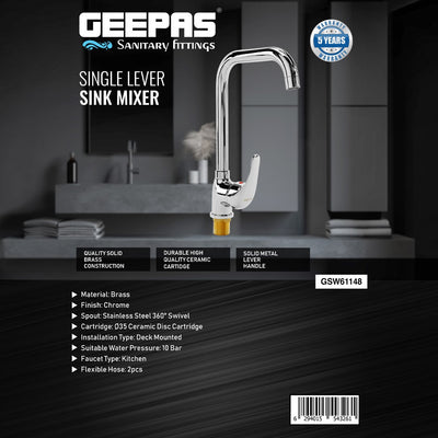 Geepas Single Lever Sink Mixer- GSW61148| Brass Deck Mounted Kitchen/Bath Tap| Solid Metal Lever Handle, Ceramic Cartridge, Leak-Proof, 360° Swivel Spout, 5-Year Warranty
