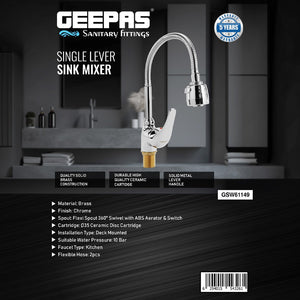 Geepas Single Lever Sink Mixer GSW61149 | Brass Deck Mounted Tap|Solid Metal Handle | Ceramic Cartridge | Leak-Proof | 360° Swivel Spout with ABS Aerator,5Years Warranty