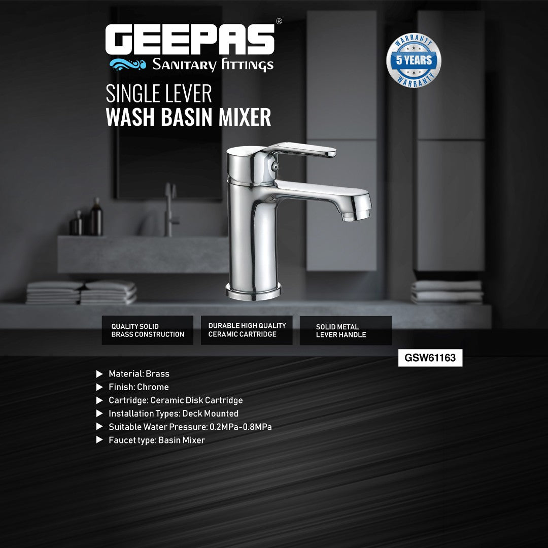 Geepas Single Lever Wash Basin Mixer- GSW61163 | Brass Deck Mount Tap, Solid Metal Handle, Ceramic Disc Cartridge, Leak-Proof Design, Chrome Finish, 5-Year Warranty