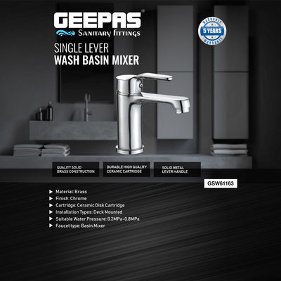 Geepas Single Lever Wash Basin Mixer- GSW61163 | Brass Deck Mount Tap, Solid Metal Handle, Ceramic Disc Cartridge, Leak-Proof Design, Chrome Finish, 5-Year Warranty