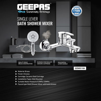 Geepas GSW61164 Single Lever Bath Shower Mixer | Solid Brass, Chrome Finish, Wall-Mounted, Metal Lever Handle, Ceramic Cartridge, Leak-Proof, 5-Year Warranty