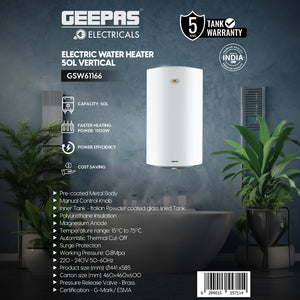 Geepas GSW61166 Electric Water Heater 50L Vertical | 1500W | Italian Glass Lined Tank| Polyurethane Insulation| Safety Cut-Off & Surge Protection| 5 Years Tank Warranty