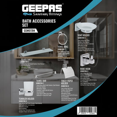 Geepas GSW61704 Stainless Steel Bath Accessories Set | Towel Bar | Ring | Robe Hook| Soap Holder | Tumbler | Toilet Paper Holder & Glass Shelf for Modern Bathrooms