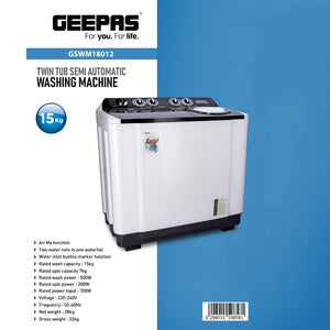 Geepas GSWM18012 Twin Tub Semi Automatic Washing Machine | 15Kg Capacity | Air Dry Function| Bubble Marker Wash | Dual Water Inlet | 700W Power & 220-240V Operation