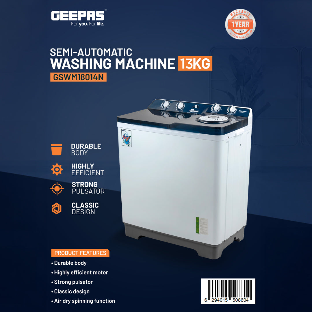 Geepas GSWM18014 Semi Automatic Washing Machine | 13Kg Capacity | Durable Body| Strong Pulsator| Air Dry Spinning Function| Classic Design & Highly Efficient Motor