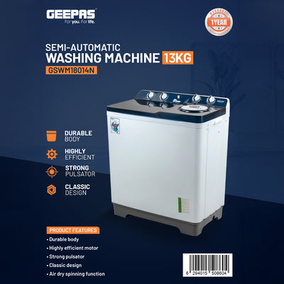 Geepas GSWM18014 Semi Automatic Washing Machine | 13Kg Capacity | Durable Body| Strong Pulsator| Air Dry Spinning Function| Classic Design & Highly Efficient Motor
