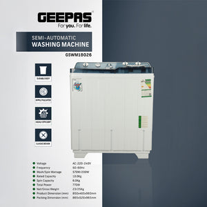 Geepas GSWM18026 Semi-Automatic Washing Machine|  10kg with Durable Body | High Efficiency Performance | Powerful Ripple Pulsator |Classic Design for Large Family Laundry