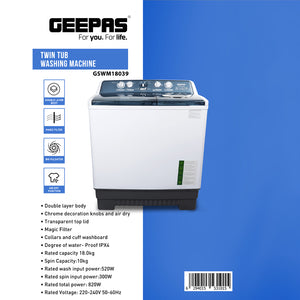 Geepas GSWM18039 Twin Tub Washing Machine | 18kg Wash Capacity with Big Pulsator | Air Dry Function | Magic Filter | Double Layer Body and IPX4 Water Protection