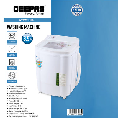 Geepas GSWM18040 Semi Automatic Washing Machine | 3.5kg Capacity| 250W Wash Power| Tempered Glass Cover | 2-in-1 Wash & Spin Function | High Spin Speed|  1-Year Warranty