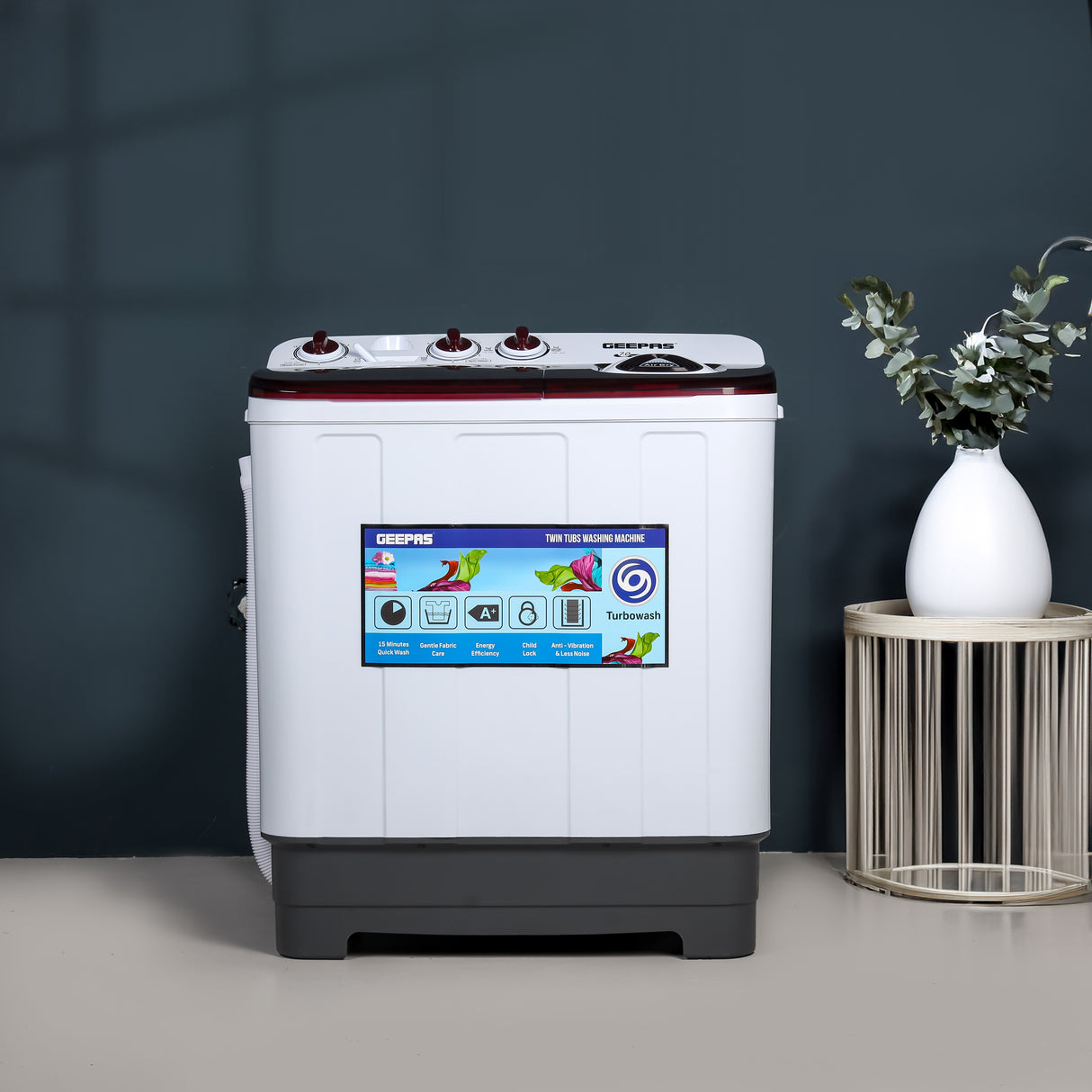 Geepas GSWM18041 Twin Tub Washing Machine | 7Kg Wash & 5Kg Spin Capacity| Big Pulsator| Air Dry Function| Transparent Lid| Magic Filter| Durable Body & 1-Year Warranty