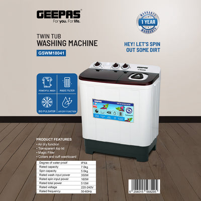 Geepas GSWM18041 Twin Tub Washing Machine | 7Kg Wash & 5Kg Spin Capacity| Big Pulsator| Air Dry Function| Transparent Lid| Magic Filter| Durable Body & 1-Year Warranty