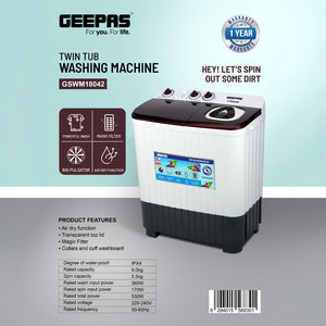 Geepas GSWM18042 Twin Tub Washing Machine | 9kg Wash Capacity with Big Pulsator | Air Dry Function | Magic Filter | Transparent Top Lid and IPX4 Water Protection