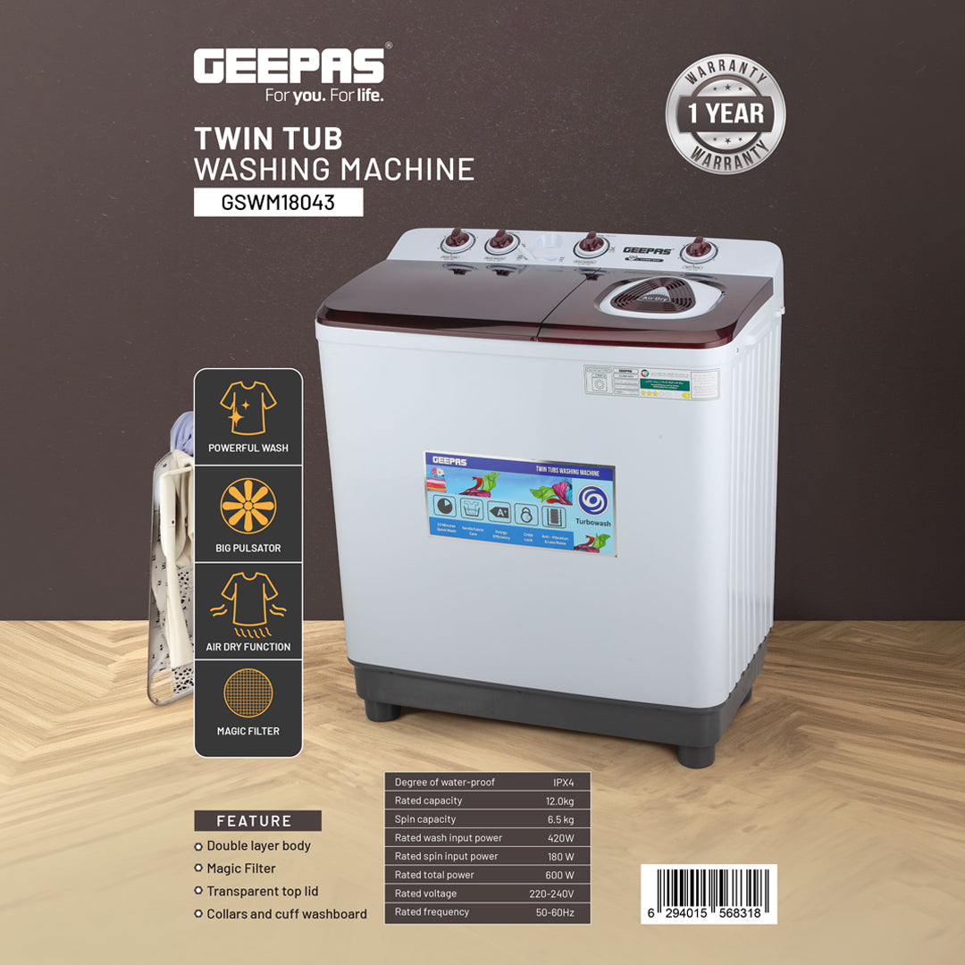 Geepas GSWM18043 Twin Tub Washing Machine | 12kg Wash Capacity with Big Pulsator |  Air Dry Function | Magic Filter |  Double Layer Body and IPX4 Water Protection