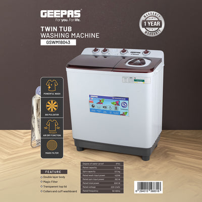 Geepas GSWM18043 Twin Tub Washing Machine | 12kg Wash Capacity with Big Pulsator |  Air Dry Function | Magic Filter |  Double Layer Body and IPX4 Water Protection