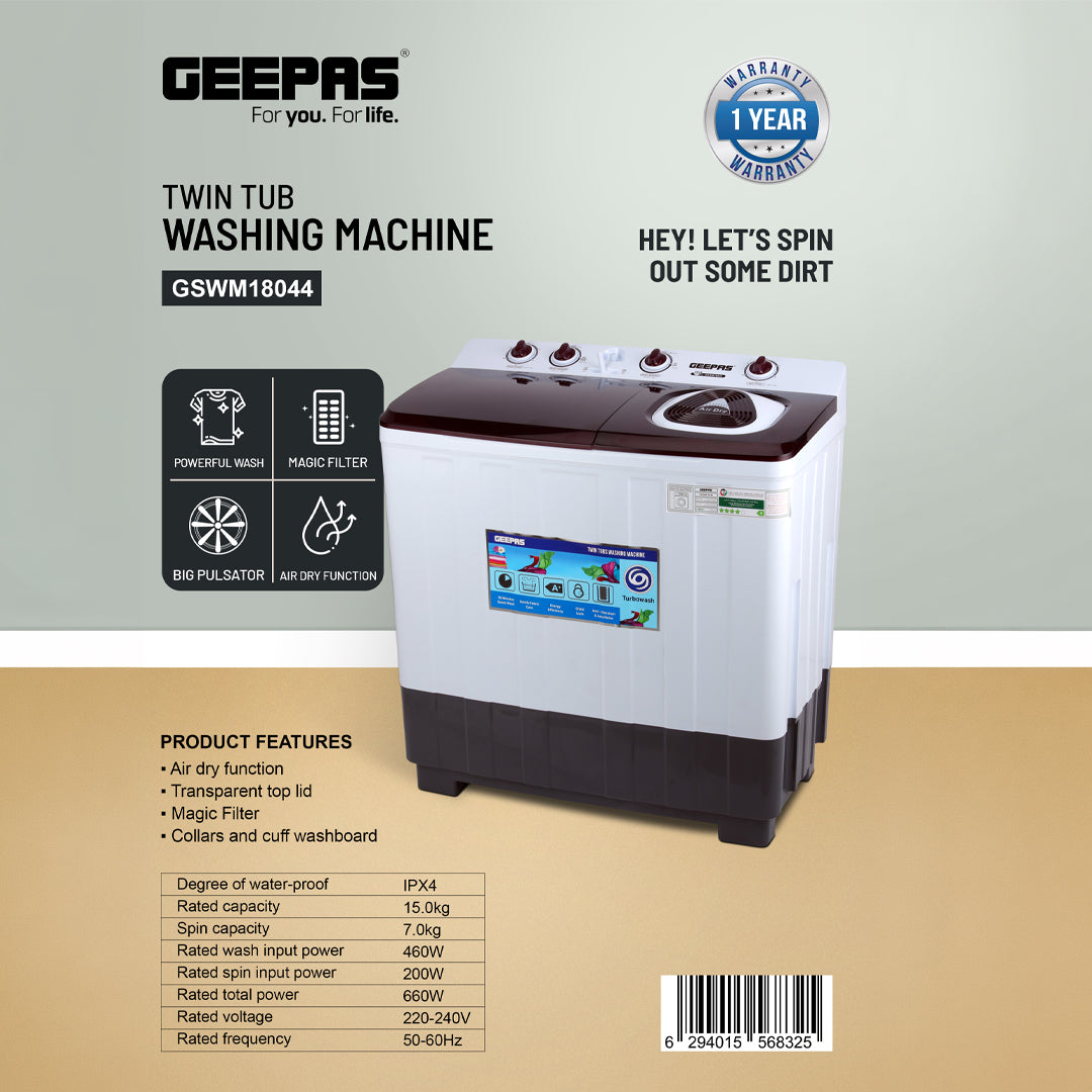 Geepas GSWM18044 Twin Tub Washing Machine | 15kg with Big Pulsator |  Magic Filter | Air Dry Function | IPX4 Water Protection | Powerful Wash & Large Capacity|