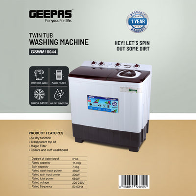 Geepas GSWM18044 Twin Tub Washing Machine | 15kg with Big Pulsator |  Magic Filter | Air Dry Function | IPX4 Water Protection | Powerful Wash & Large Capacity|