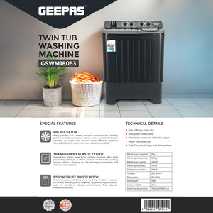 Geepas GSWM18053 Twin Tub Washing Machine| 9kg Wash Capacity with Big Pulsator| Rust Proof Plastic Body| Transparent Lid | Efficient Spin Dry Performance| 1 Year Warranty