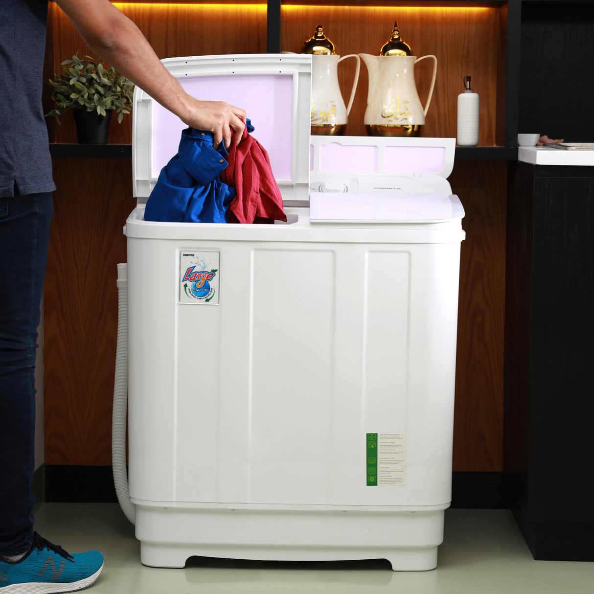 Geepas GSWM6466 Semi Automatic Washing Machine | 8.5kg Wash Capacity  | 7kg Spin Capacity | 400W Powerful Motor | Transparent Glass Cover |  Low Noise Operation