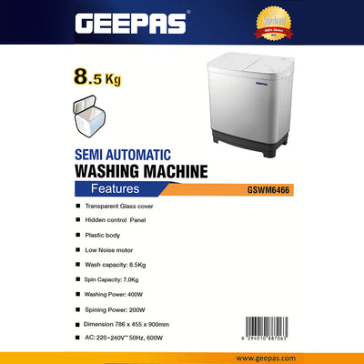 Geepas GSWM6466 Semi Automatic Washing Machine | 8.5kg Wash Capacity  | 7kg Spin Capacity | 400W Powerful Motor | Transparent Glass Cover |  Low Noise Operation