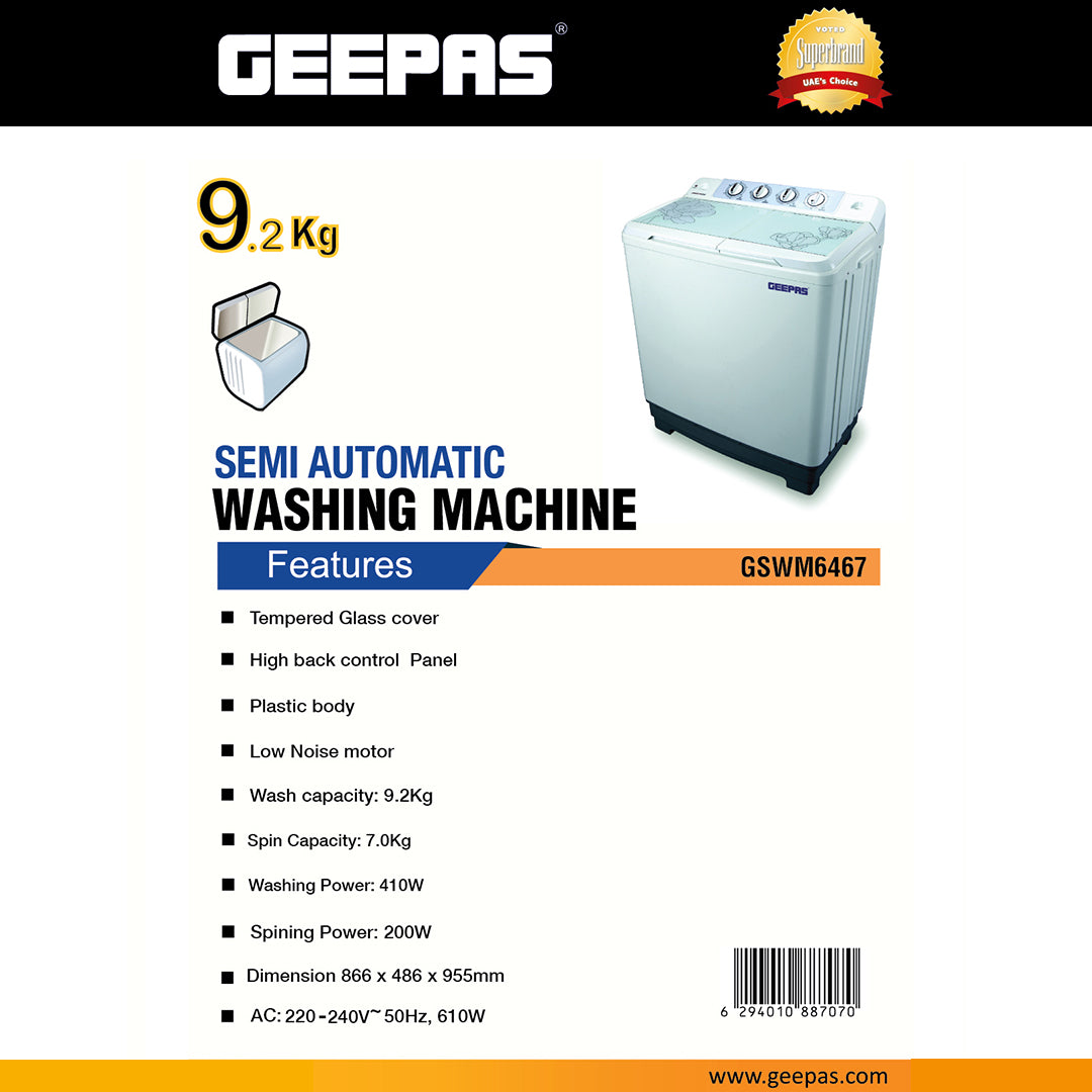 Geepas GSWM6467 Semi Automatic Washing Machine  | 9.2Kg Large Capacity | Tempered Glass Cover | Low Noise Motor | High Back Control Panel & 610W Power Efficiency