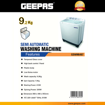 Geepas GSWM6467 Semi Automatic Washing Machine  | 9.2Kg Large Capacity | Tempered Glass Cover | Low Noise Motor | High Back Control Panel & 610W Power Efficiency