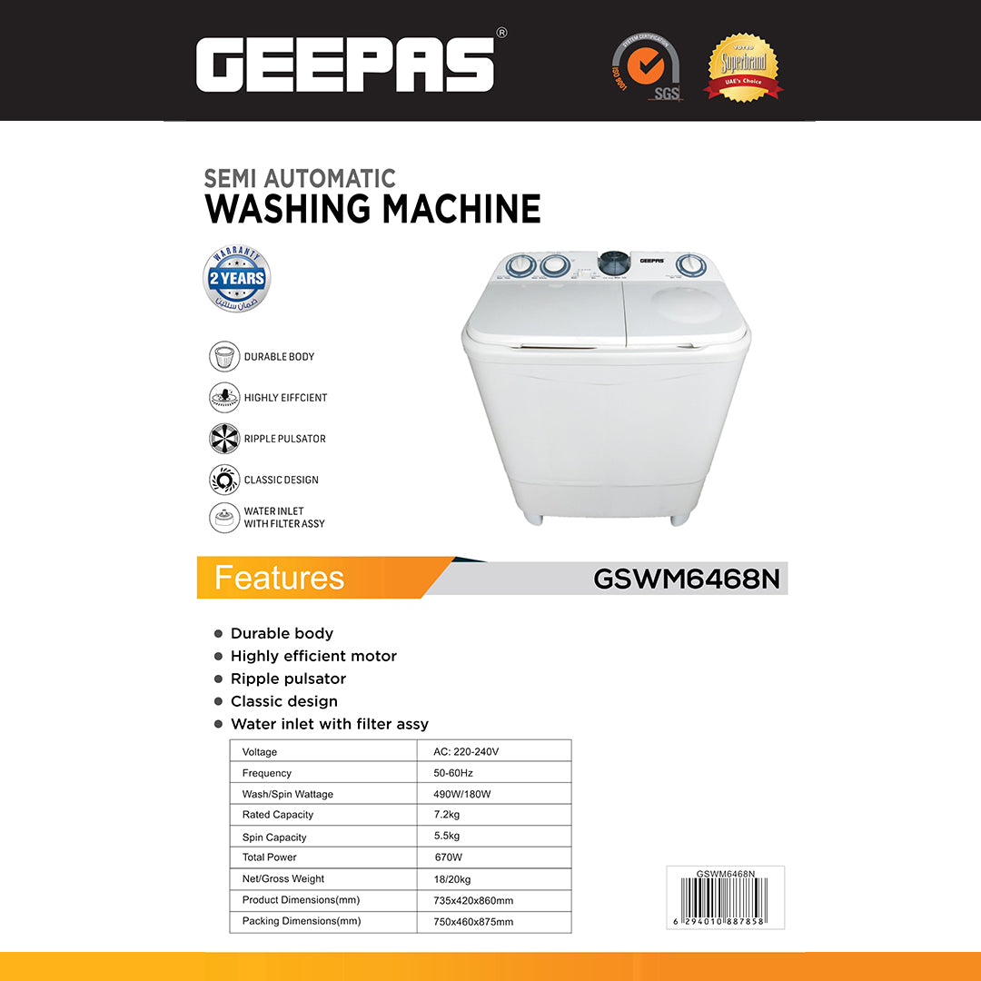 Geepas GSWM6468 Semi Automatic Washing Machine | 7.2kg Wash & 5.5kg Spin Capacity| 670W Powerful Motor| Durable Body | Water Inlet with Filter & 2-Year Warranty