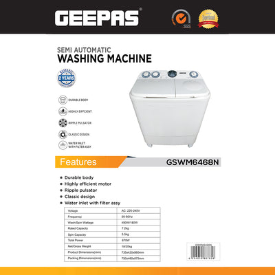 Geepas GSWM6468 Semi Automatic Washing Machine | 7.2kg Wash & 5.5kg Spin Capacity| 670W Powerful Motor| Durable Body | Water Inlet with Filter & 2-Year Warranty
