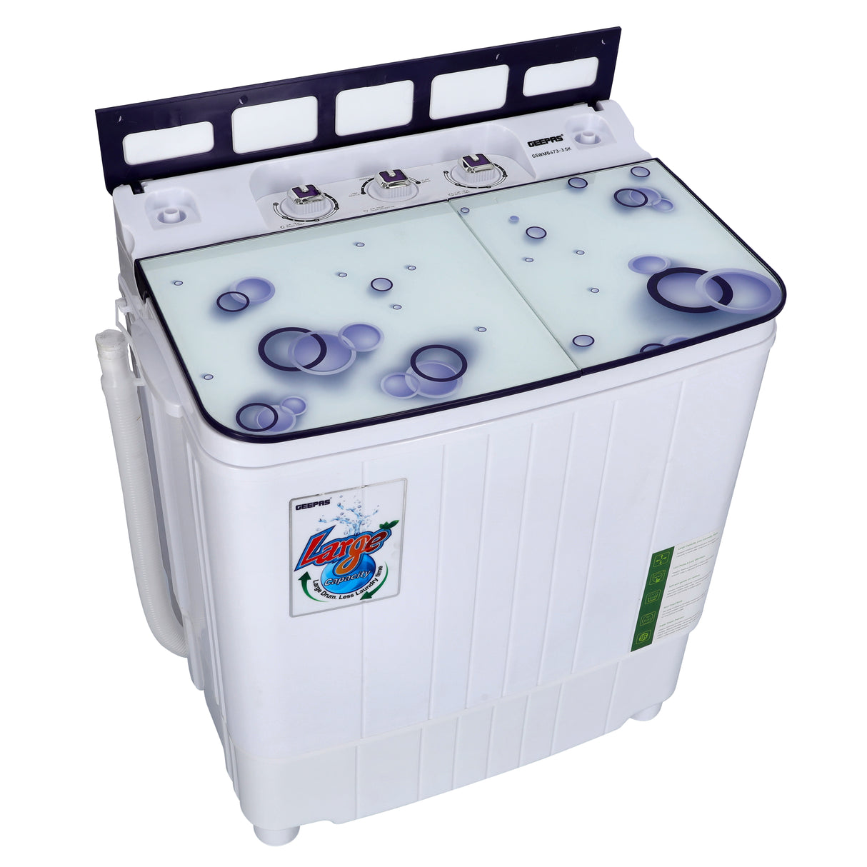 Geepas GSWM6473-3.5K Semi Automatic Mini Washing Machine | 3.5kg Wash / 1kg Spin Capacity |  360W Motor |  Tempered Glass Cover | Dual Water Inlet & Modern Design