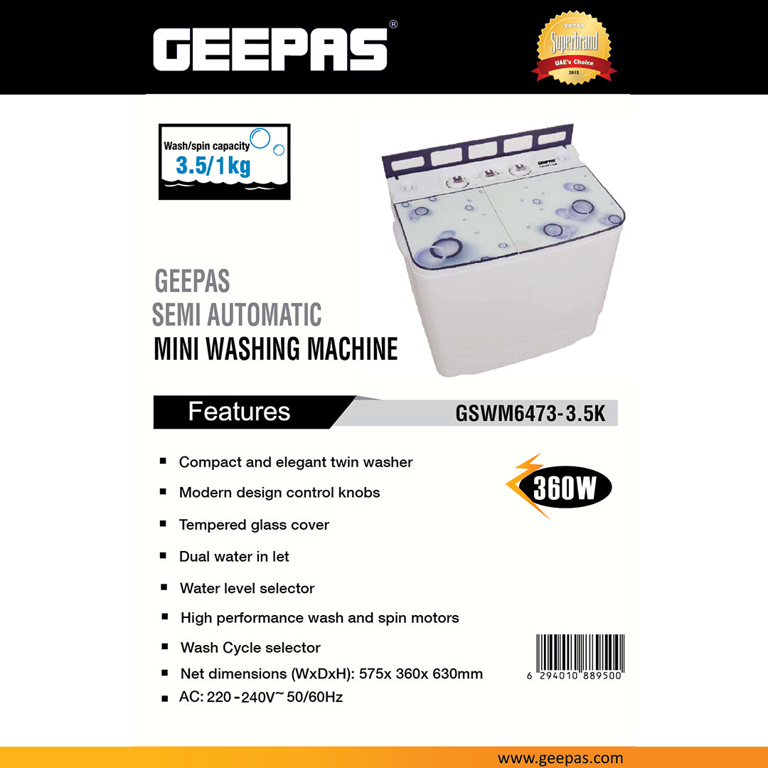 Geepas GSWM6473-3.5K Semi Automatic Mini Washing Machine | 3.5kg Wash / 1kg Spin Capacity |  360W Motor |  Tempered Glass Cover | Dual Water Inlet & Modern Design