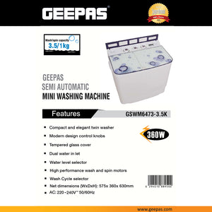 Geepas GSWM6473-3.5K Semi Automatic Mini Washing Machine | 3.5kg Wash / 1kg Spin Capacity |  360W Motor |  Tempered Glass Cover | Dual Water Inlet & Modern Design