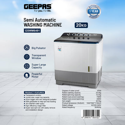 Geepas GSWM6491 Semi Automatic Washing Machine | 20Kg Capacity| Big Pulsator| Transparent Window| Jet Waterfall Spray|  High Efficiency Magic Filter | 1 Year Warranty