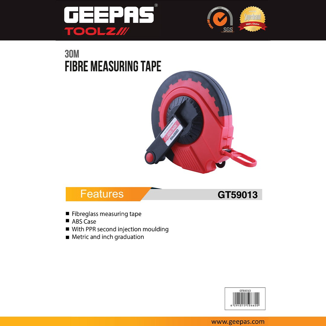 Geepas GT59013 30M Fibreglass Measuring Tape | Durable ABS Case with Metric & Inch Graduation | Durable ABS housing | PPR second injection moulding | Lightweight Design