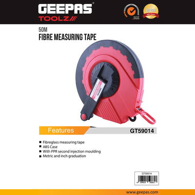 Geepas GT59014 50M Fibreglass Measuring Tape |Heavy-Duty Survey & Construction Tape | PPR second injection moulding | High-visibility marking | Lightweight & portable