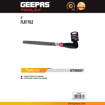 Geepas GT59027 8-Inch Flat File | Coated Teeth with Rubber Grip Handle | Heavy-Duty Construction | Improved Control | Professional-Grade Tool| Versatile Applications