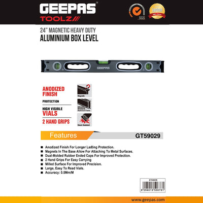 Geepas GT59029 24-Inch Magnetic Heavy Duty Aluminium Box Level |  Professional Precision Spirit Level | Strong magnetic base | Anodized finish |Dual ergonomic hand grips