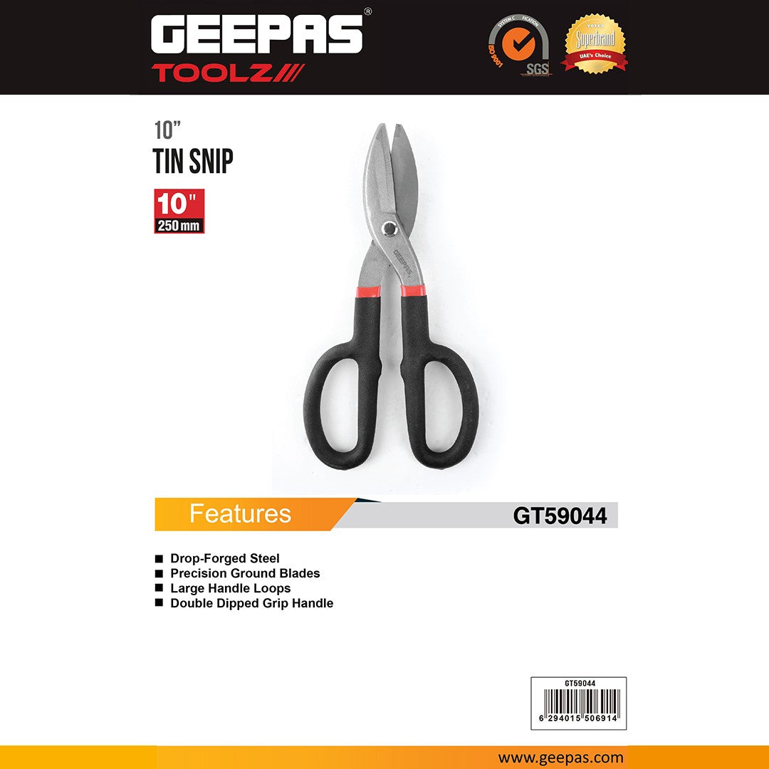 Geepas GT59044 10-Inch Tin Snip (250mm) |  Drop-Forged Steel Metal Cutting Shears |  Heavy-duty drop-forged steel | Precision ground cutting blades | Large handle loops