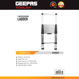 Geepas GT59047 3.2M Telescopic Ladder | Lightweight Aluminium Extendable Ladder with Secure Locking System | Compact Folding Design for Safe Home & Professional Use