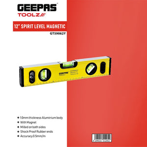 Geepas GT59062 12 Inch Magnetic Spirit Level | Aluminum Body with High Accuracy | Three Precision Vials | Milled on Both Sides | Shockproof Rubber End Caps |Easy To Use