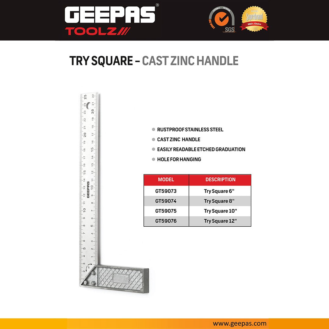 Geepas GT59073 Try Square 6 Inch with Cast Zinc Handle | Stainless Steel Measuring Square | Rustproof Stainless Steel Blade |Heavy-Duty Cast Zinc Handle | Lightweight