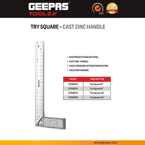 Geepas GT59073 Try Square 6 Inch with Cast Zinc Handle | Stainless Steel Measuring Square | Rustproof Stainless Steel Blade |Heavy-Duty Cast Zinc Handle | Lightweight