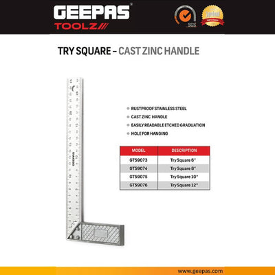 Geepas Try Square with Cast Zinc Handle 8" - 90 Degree Angle Corner Ruler | Woodworking Square, Degree Double-Sided Angle Ruler Right Measuring Tool for Carpenters Engineer