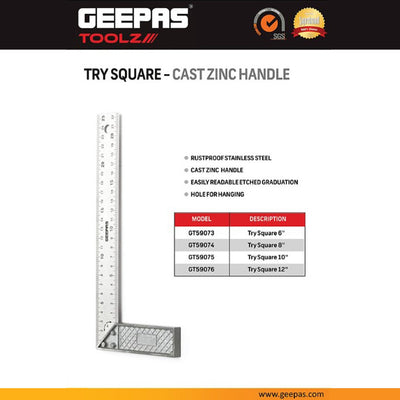 Geepas GT59076 12-Inch Try Square | Stainless Steel Measuring Square with Cast Zinc Handle | Rustproof Precision Layout Tool for Carpentry, Woodworking & DIY Projects