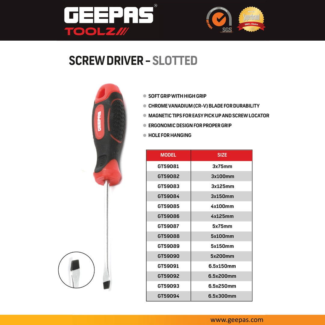 Geepas GT59083 3x125mm Slotted Screwdriver | Magnetic Tip | Chrome Vanadium Steel Blade | Ergonomic Soft Grip Handle |  Durable Professional Hand Tool for Repairs