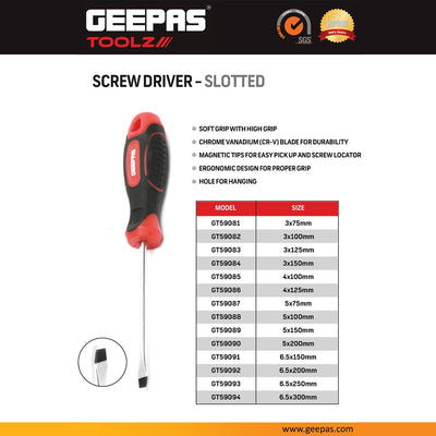 Geepas GT59083 3x125mm Slotted Screwdriver | Magnetic Tip | Chrome Vanadium Steel Blade | Ergonomic Soft Grip Handle |  Durable Professional Hand Tool for Repairs