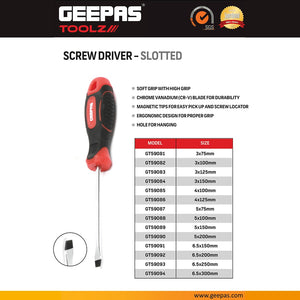 Geepas GT59084 3x150mm Slotted Screwdriver | Chrome Vanadium Steel Blade | Ergonomic Grip | Premium chrome vanadium steel blade |Corrosion-resistant chrome-plated finish
