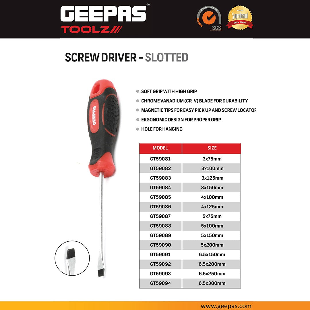 Geepas GT59092 Slotted Screwdriver 6.5x200mm | Magnetic CR-V Steel Blade | Magnetic tip | Ergonomic soft-grip handle | Anti-slip surface |Corrosion-resistant construction
