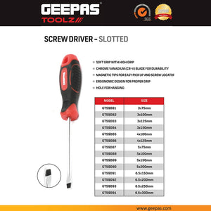 Geepas GT59092 Slotted Screwdriver 6.5x200mm | Magnetic CR-V Steel Blade | Magnetic tip | Ergonomic soft-grip handle | Anti-slip surface |Corrosion-resistant construction