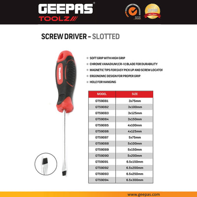 Geepas GT59092 Slotted Screwdriver 6.5x200mm | Magnetic CR-V Steel Blade | Magnetic tip | Ergonomic soft-grip handle | Anti-slip surface |Corrosion-resistant construction