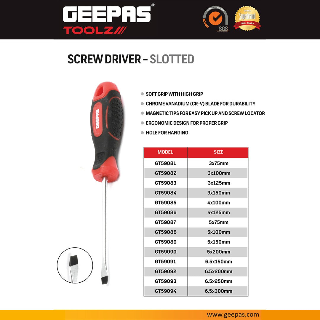 Geepas GT59094 6.5 x 300mm Slotted Screwdriver | Chrome Vanadium Steel Heavy-Duty Flat Head Screwdriver | Premium chrome vanadium steel |Anti-slip textured grip