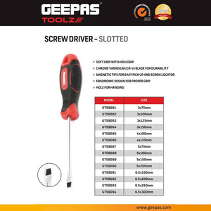 Geepas GT59094 6.5 x 300mm Slotted Screwdriver | Chrome Vanadium Steel Heavy-Duty Flat Head Screwdriver | Premium chrome vanadium steel |Anti-slip textured grip